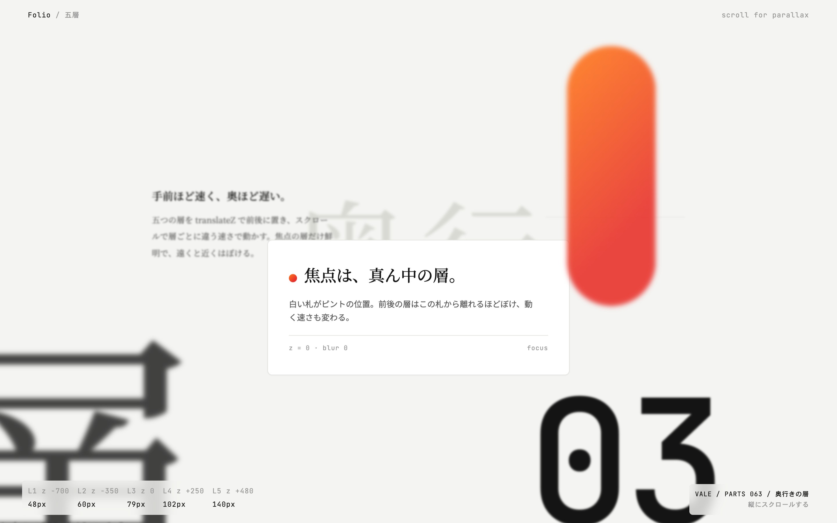 誌面の5層がスクロールで速さを変えて動き、真ん中の札だけ鮮明な様子