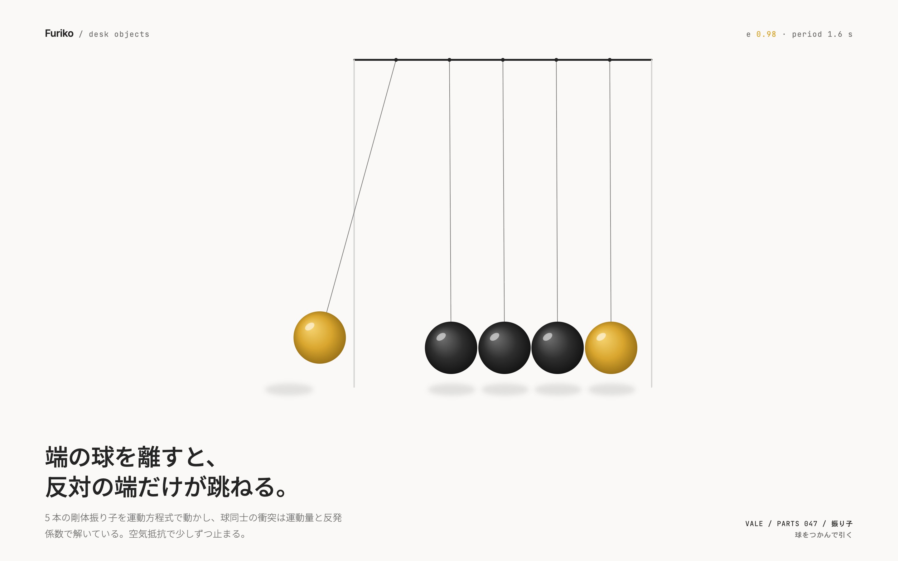 ニュートンのゆりかごで端の球が落ち、反対の端の球だけが跳ね上がる