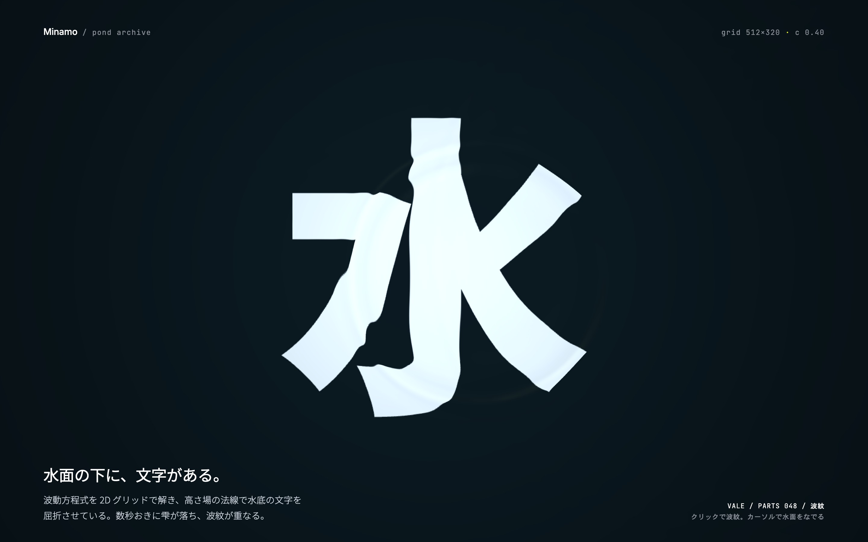 暗い水面に波紋が広がり、水底の水の字が屈折してゆらぐ